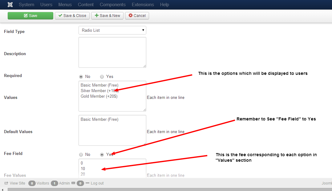 Radio Custom Fee Field