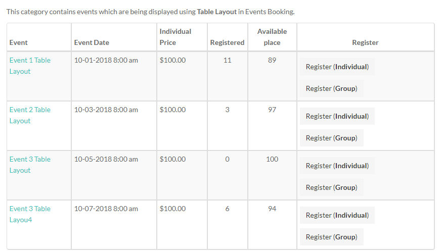 Upcoming Events - Table Layout