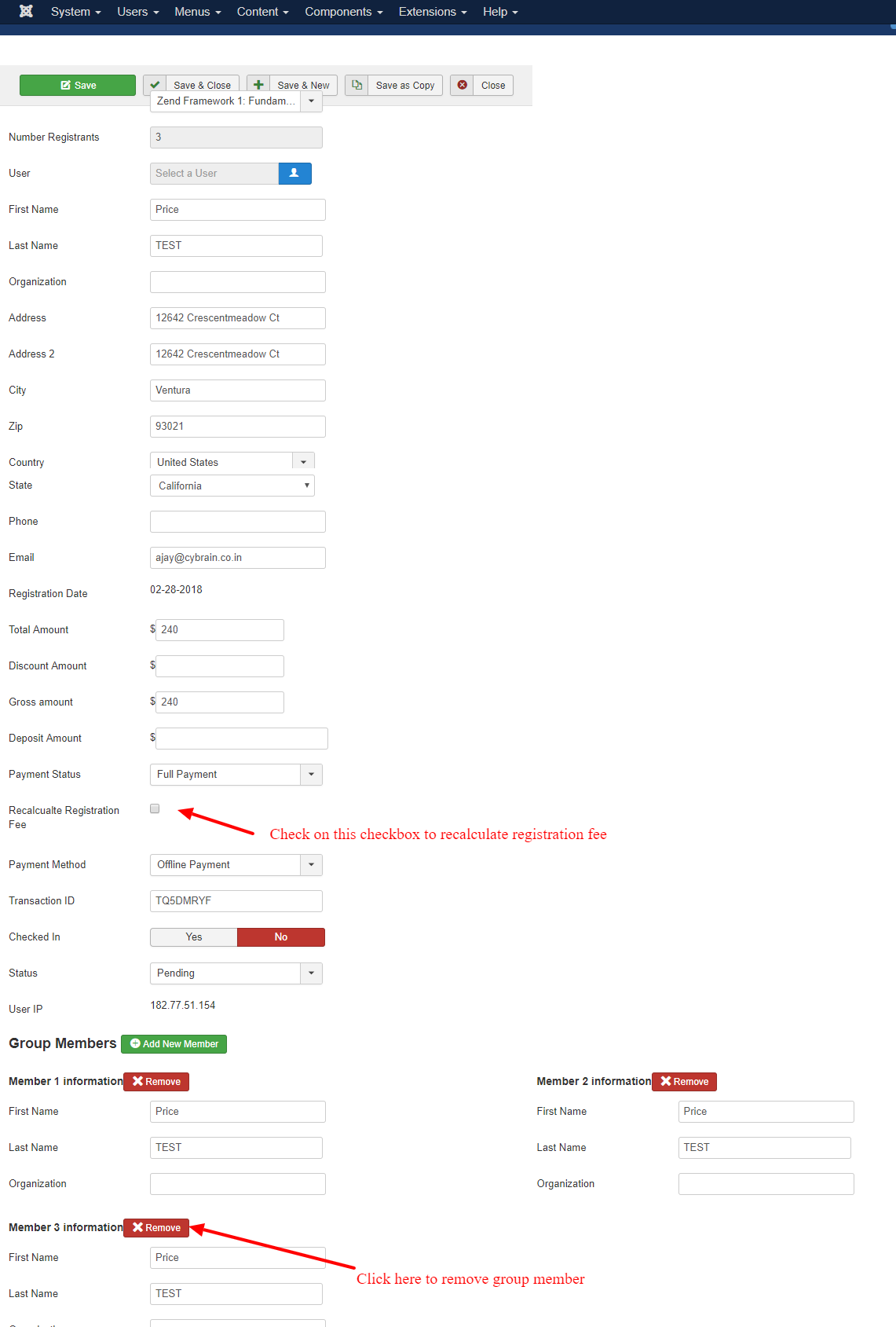 Edit registration record