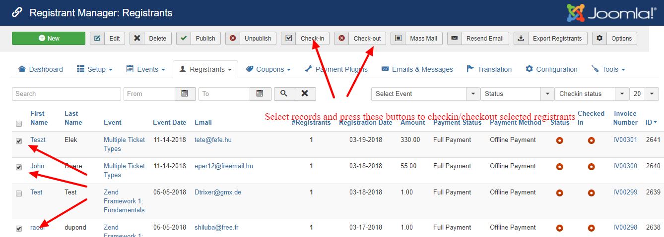 Checkin/ Checkout multiple registrants