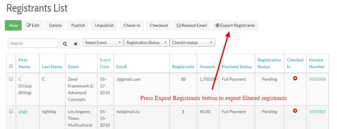 Exports registrants from frontend registrants management