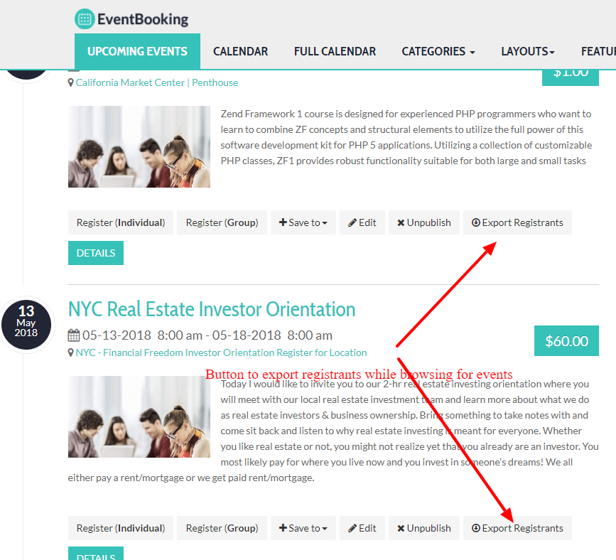 Export registrants while browsing events